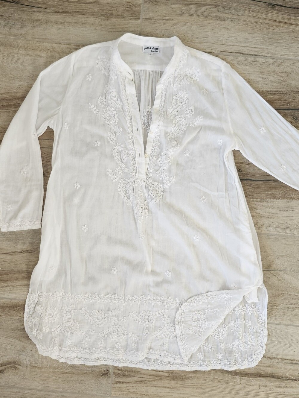 Juliet Dunn White Embroidered V-Neck Tunic/beach Cover Size 3 Uk/M/8-10us